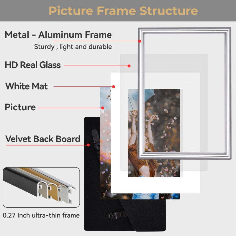 Fkvat 8x10 Picture Frame, Silver Modern Aluminum Metal Photo Frame with HD Glass, Fits 5x7 with Mat or 8 x 10 without Mat, for Tabletop and Wall Mounting, 1 Pack - Image 4